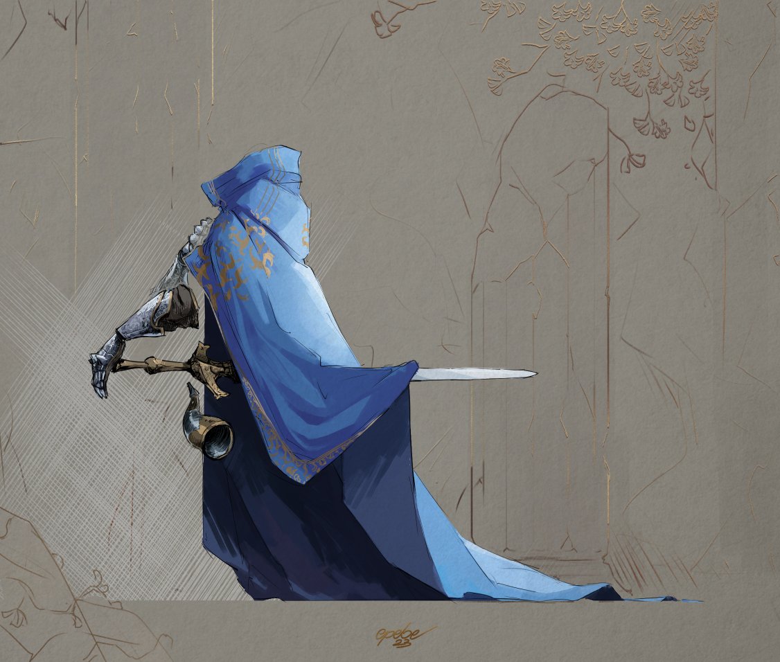 a_knight_(reverse:1999), blue_cape, cape, commentary, english_commentary, epebe, gauntlets, grey_background