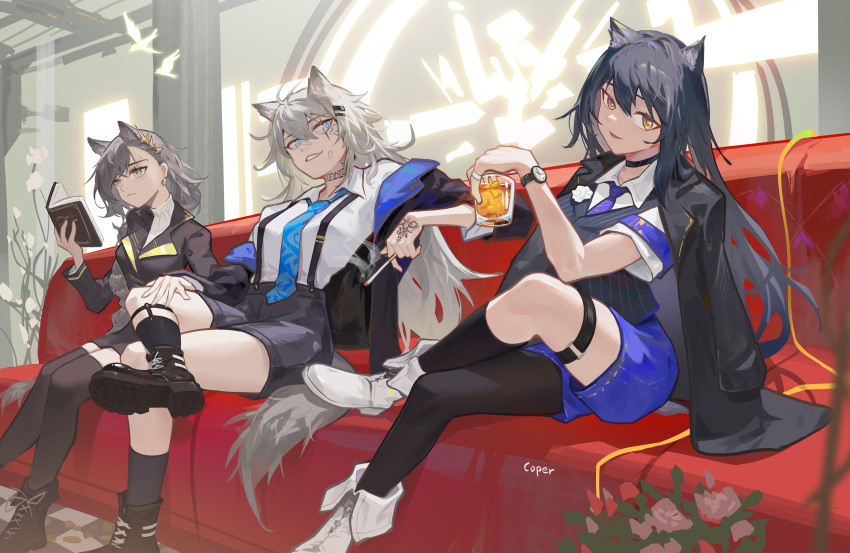 3girls, absurdres, alcohol, alternate_costume, animal_ears, antenna_hair, arknights, artist_name