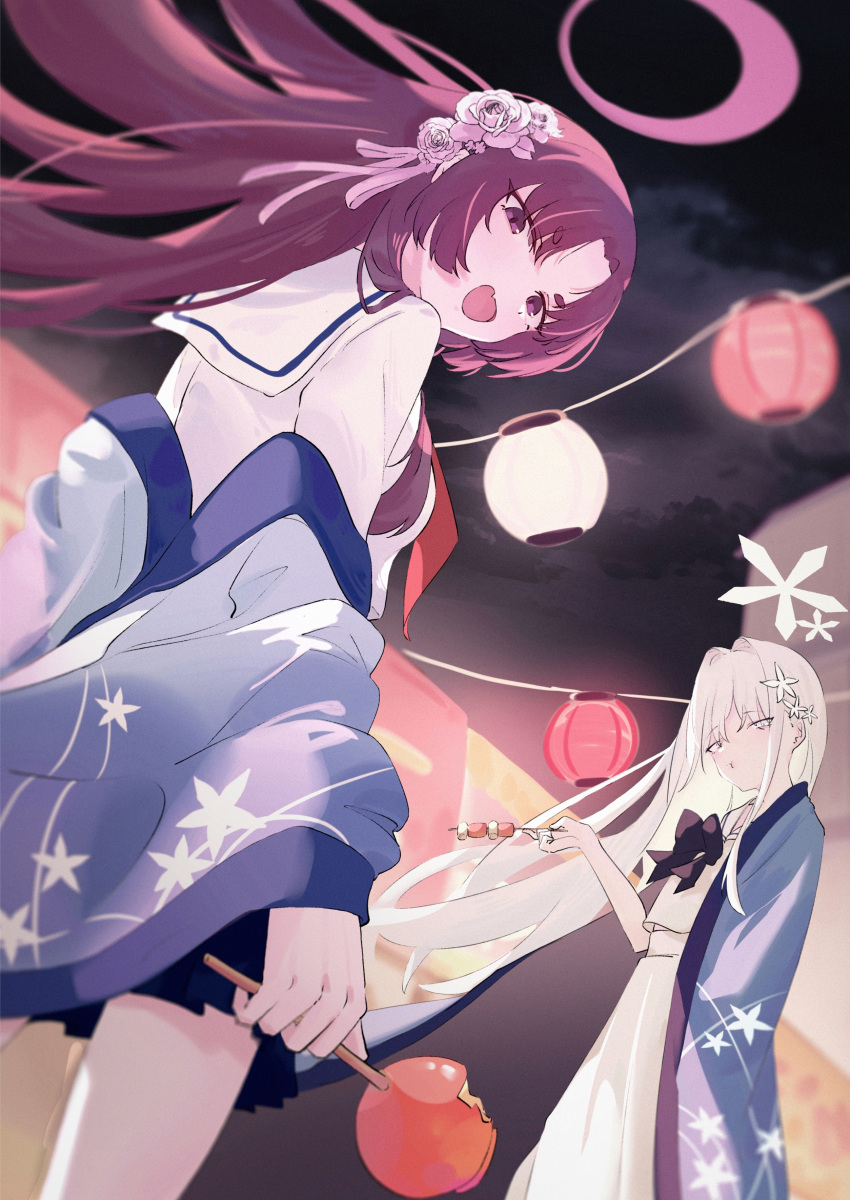 2girls, absurdres, blue_archive, fang, festival, grey_eyes, highres, long_hair