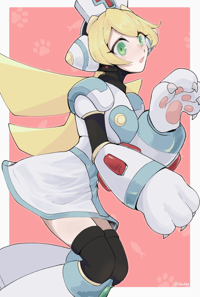 1girl, android, animal_hands, blonde_hair, cat_girl, cat_paws, cinnamon_(mega_man), commentary, green_eyes, hat, highres, ktmckpp, long_hair, mega_man_(series), mega_man_x:_command_mission, mega_man_x_(series), nurse, nurse_cap, solo, symbol-only_commentary