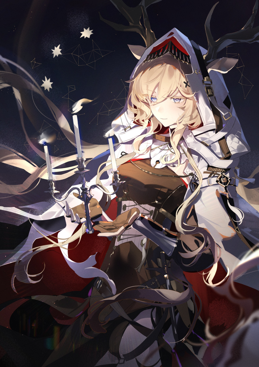 1girl, absurdres, animal_ears, antlers, antlers_through_headwear, antlers_through_hood, arknights, armor