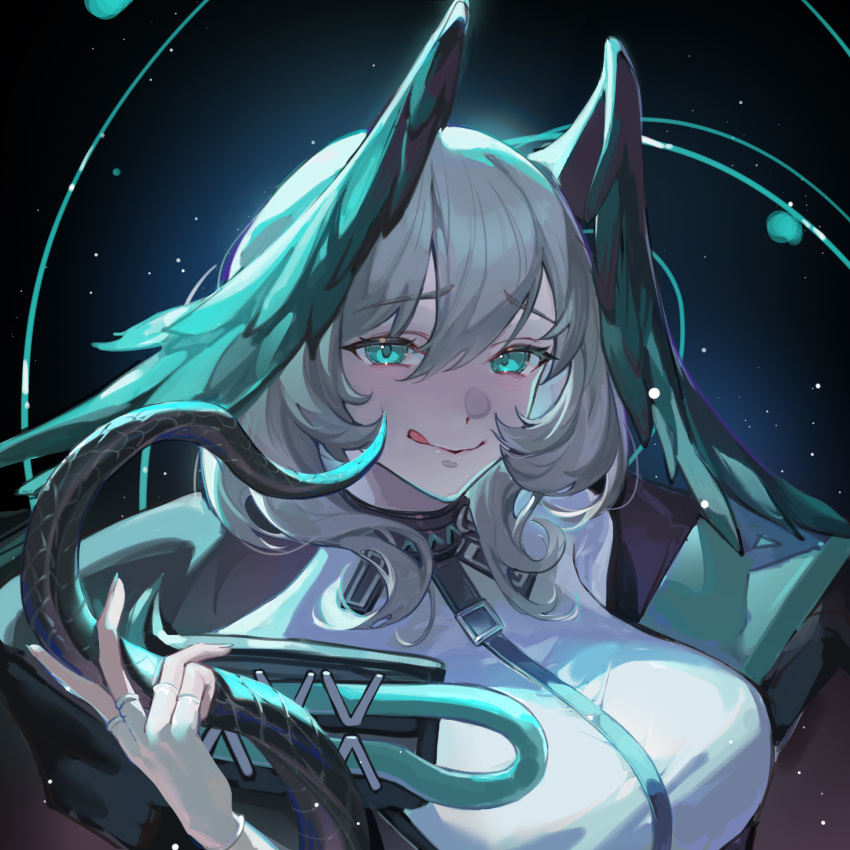 1girl, arknights, between_breasts, black_feathers, black_wings, blue_eyes, blue_feathers, blue_wings, breasts, feathered_wings, feathers, fingerless_gloves, gloves, grey_hair, hair_between_eyes, head_wings, highres, ho'olheyak_(arknights), infection_monitor_(arknights), kubing_aaa, large_breasts, licking_lips, long_hair, long_tail, looking_at_viewer, smile, snake_tail, solo, strap_between_breasts, tail, tongue, tongue_out, two-tone_wings, white_gloves, wings