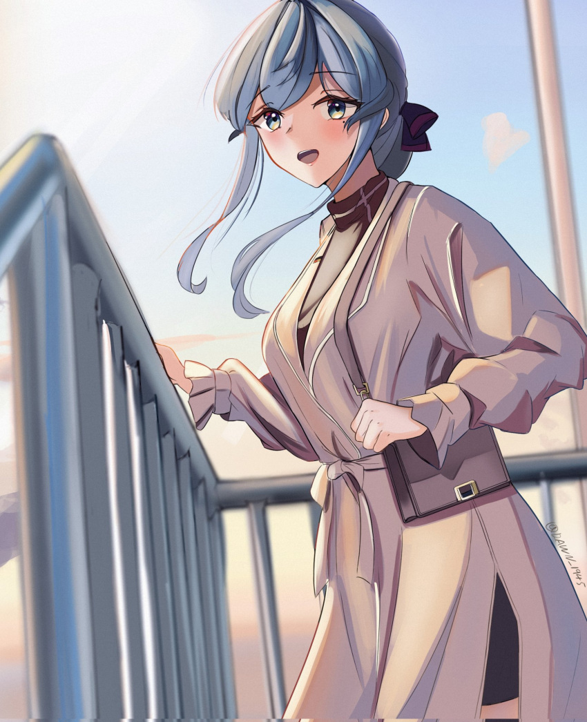1girl, bag, blue_eyes, blue_hair, blue_sky, clouds, cowboy_shot, dawn_1945