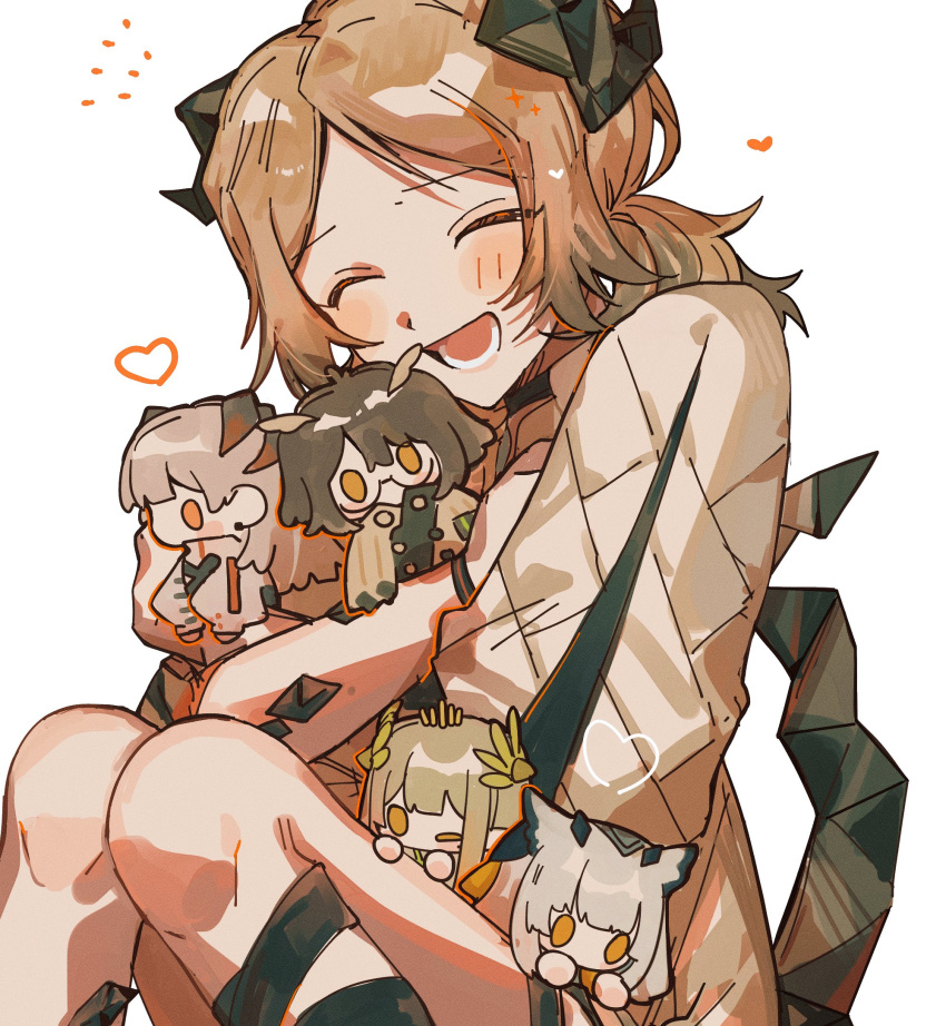 1girl, 4girls, :d, ^_^, arknights, blonde_hair, blush, character_doll, closed_eyes, coat, demon_girl, demon_horns, feet_out_of_frame, heart, highres, horns, hugging_object, ifrit_(arknights), keeta, knees_up, low_twintails, lower_teeth_only, muelsyse_(arknights), multiple_girls, open_mouth, ptilopsis_(arknights), saria_(arknights), short_hair, short_twintails, silence_(arknights), simple_background, sitting, smile, solo, teeth, twintails, white_background, white_coat