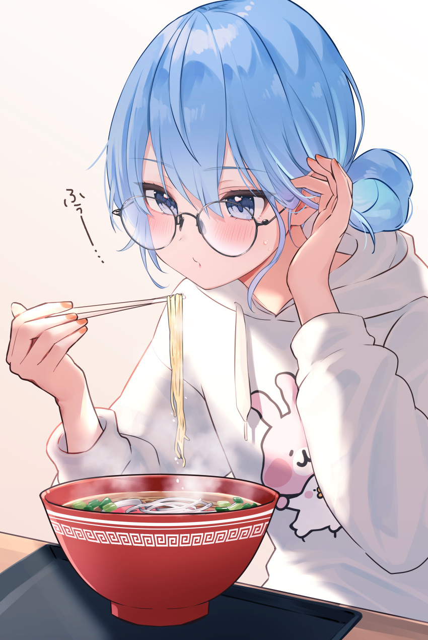 1girl, absurdres, blowing_on_food, blue_eyes, blue_hair, blush, bowl, chopsticks