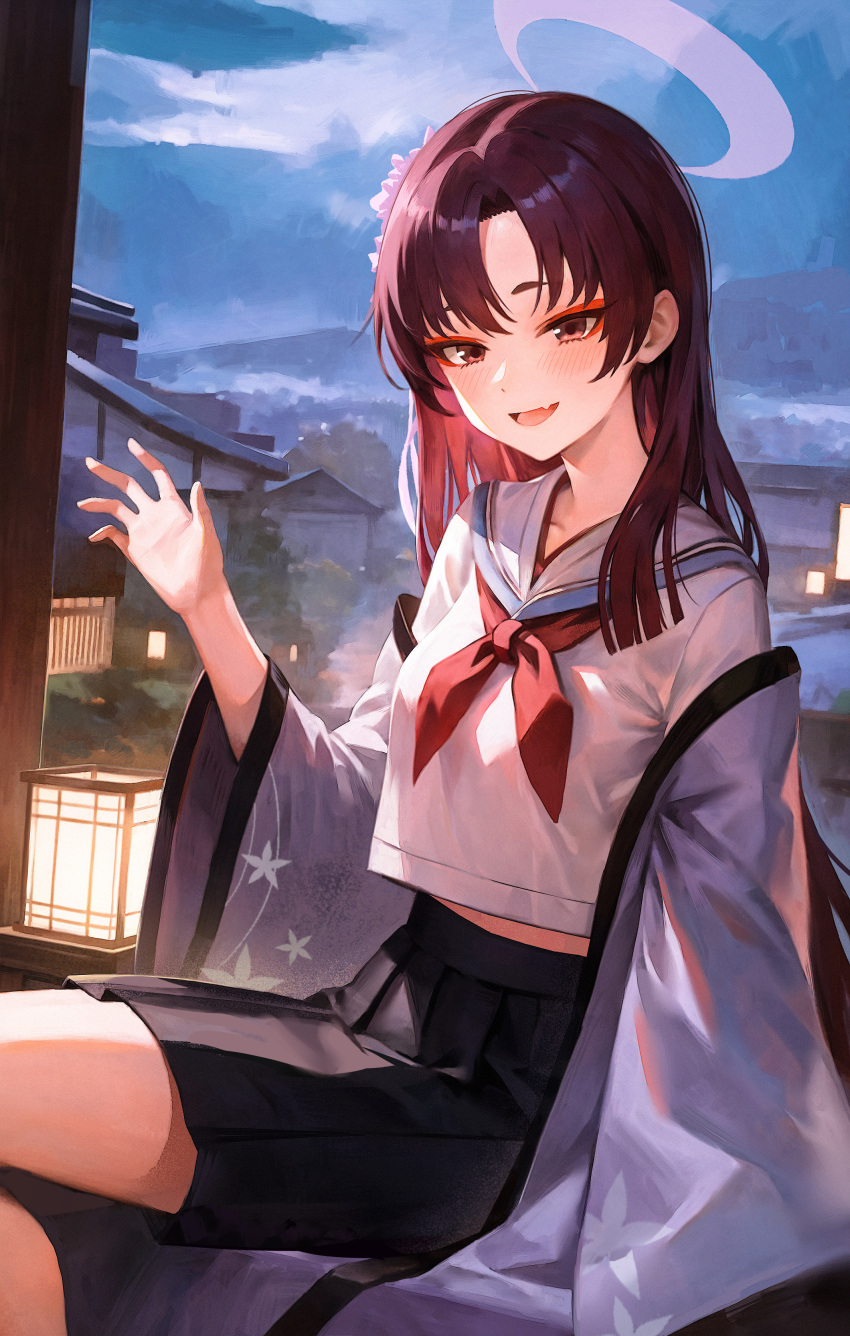 1girl, absurdres, black_skirt, blue_archive, brown_eyes, eyeshadow, flower, hair_flower