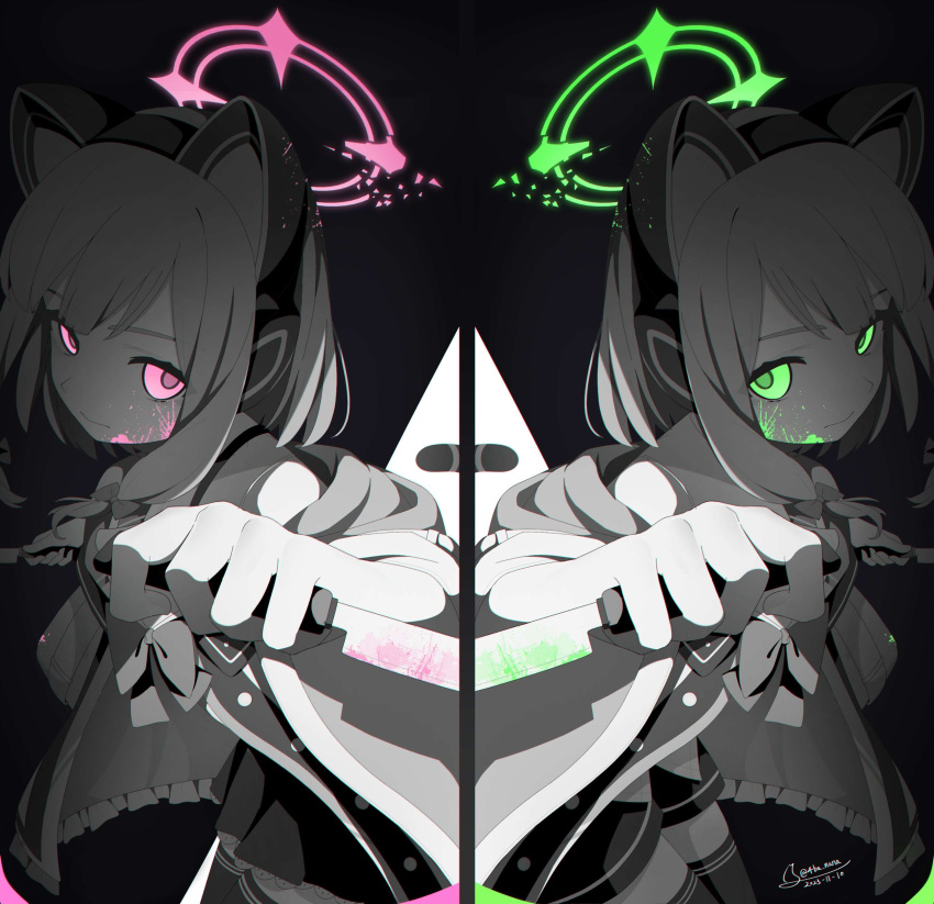 2girls, 4ba_nana, absurdres, animal_ear_headphones, animal_ears, black_skirt, black_thighhighs, blood, blood_splatter, blue_archive, bow, cat_ears, cat_tail, closed_mouth, death_momoi_(meme), dual_wielding, expressionless, fake_animal_ears, foreshortening, frilled_skirt, frills, glowing, glowing_eyes, green_eyes, green_halo, grey_hair, greyscale, hair_bow, halo, headphones, highres, holding, holding_knife, hood, hood_down, hooded_jacket, jacket, knife, looking_at_viewer, meme, midori_(blue_archive), miniskirt, momoi_(blue_archive), monochrome, multiple_girls, parted_bangs, pink_eyes, pink_halo, pleated_skirt, shirt, siblings, sidelocks, signature, sisters, skirt, tail, thigh-highs, twins, upper_body, white_jacket, white_shirt