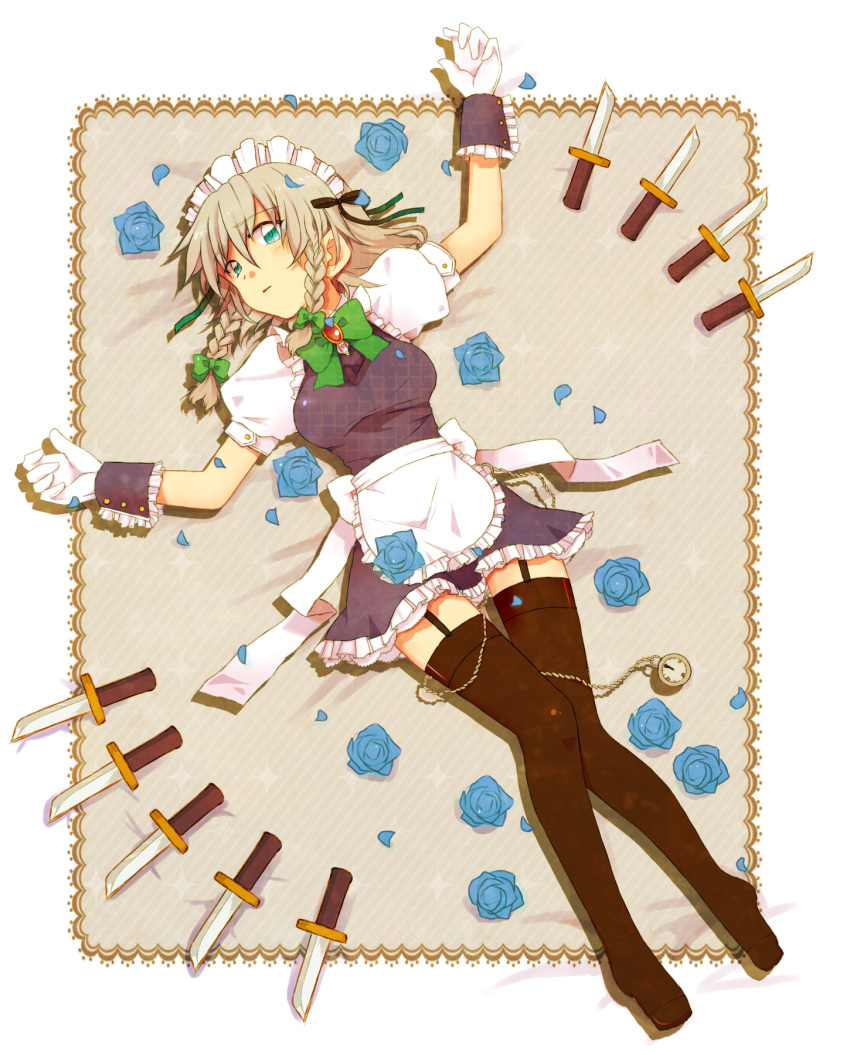 braid, flower, gloves, highres, izayoi_sakuya, knife, lying, rose
