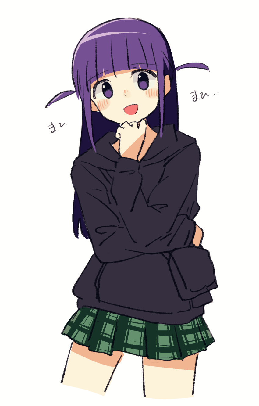 1girl, :d, arm_across_waist, black_hoodie, blunt_bangs, blush, cowboy_shot, cropped_torso