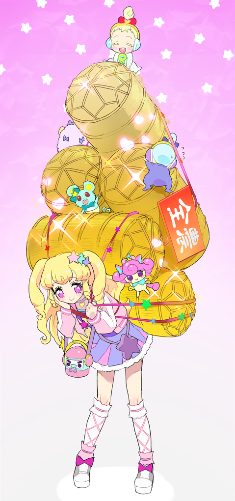 3girls, baby, blonde_hair, bow, carrying, choker, chuppe, climbing, closed_mouth, commentary_request, flying_sweatdrops, full_body, gradient_background, green_hair, hair_ornament, hand_on_own_cheek, hand_on_own_face, hands_up, headphones, holding_strap, idol_time_pripara, jacket, janis_(pripara), jewlie_(pripara), kneehighs, leaning_forward, long_hair, long_sleeves, looking_at_viewer, moudoku_(decopon3rd), mouse, multiple_girls, pink_background, pink_bow, pink_jacket, pitsuji, pouch, pretty_(series), pripara, punicorn, purple_choker, red_bow, rice_cooker, shoes, smile, socks, sparkle, standing, star_(symbol), star_hair_ornament, straw_bag, two_side_up, unicorn, white_socks, yumekawa_yui