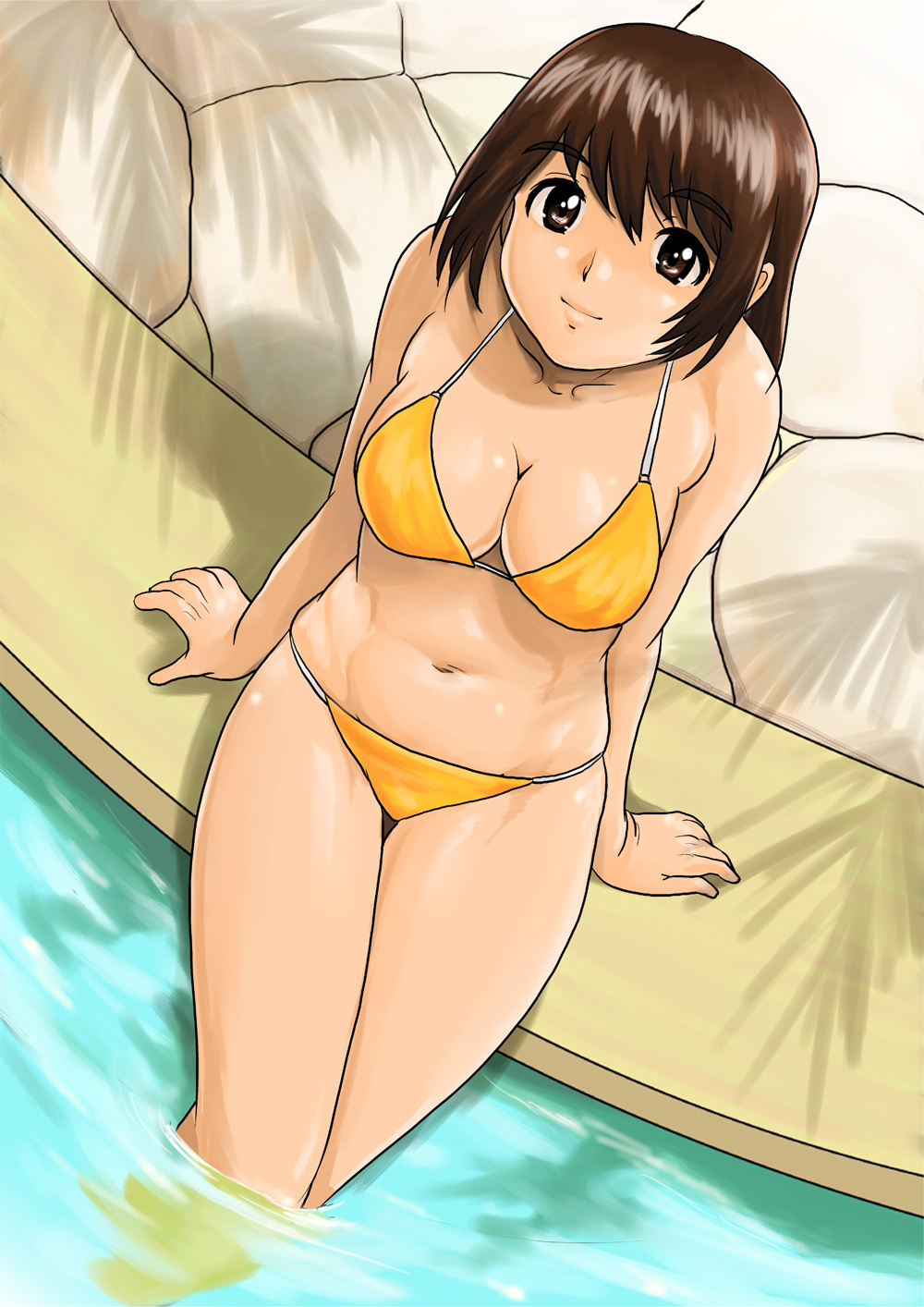 bikini, brown_eyes, brown_hair, funky-harem, highres, looking_up, navel, pool