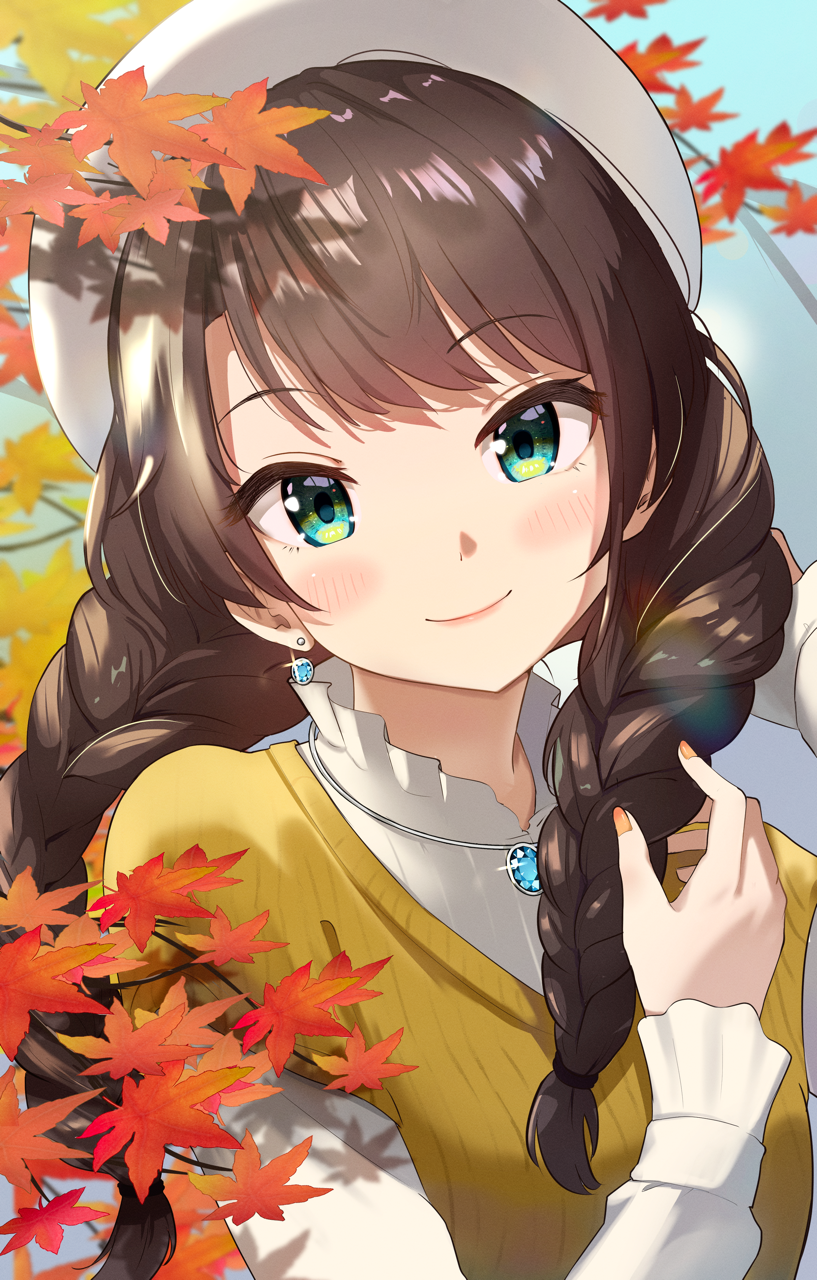 1girl, beret, blue_gemstone, blush, braid, dot_nose, earrings, fingernails