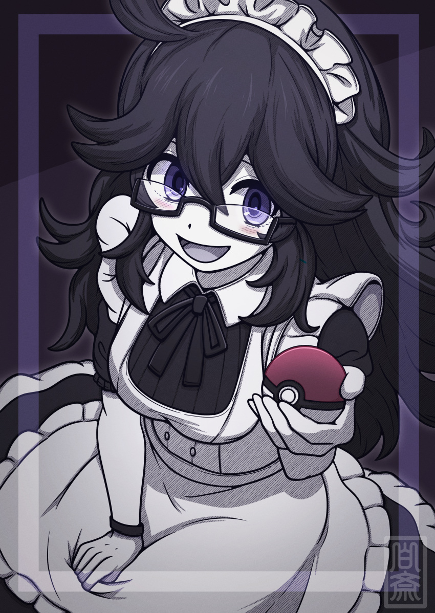 1girl, :d, absurdres, alternate_costume, apron, black_dress, black_hair, black_ribbon, breasts, commentary_request, curly_hair, dress, enmaided, glasses, hair_between_eyes, hakusai_(user_nkkd7242), hand_up, hex_maniac_(pokemon), highres, holding, holding_poke_ball, long_hair, maid, maid_headdress, neck_ribbon, open_mouth, poke_ball, poke_ball_(basic), pokemon, pokemon_(game), pokemon_xy, ribbon, semi-rimless_eyewear, short_sleeves, smile, tongue, violet_eyes, white_apron, wristband