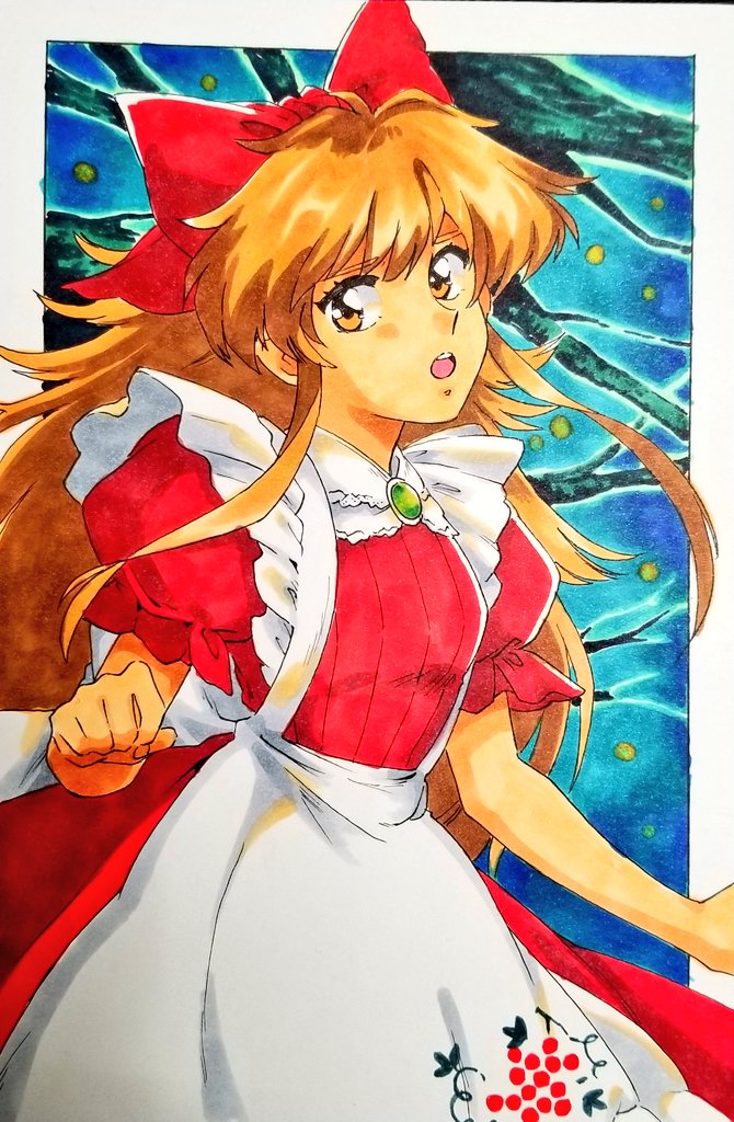 1girl, apron, blonde_hair, bow, commentary, dress, elise_(little_goody_two_shoes), english_commentary, floral_print, frilled_dress, frills, green_brooch, hair_bow, harleequeen, little_goody_two_shoes, long_hair, looking_at_viewer, painting_(medium), puffy_short_sleeves, puffy_sleeves, red_bow, red_dress, retro_artstyle, short_sleeves, sidelocks, solo, traditional_media, upper_body, watercolor_(medium), yellow_eyes