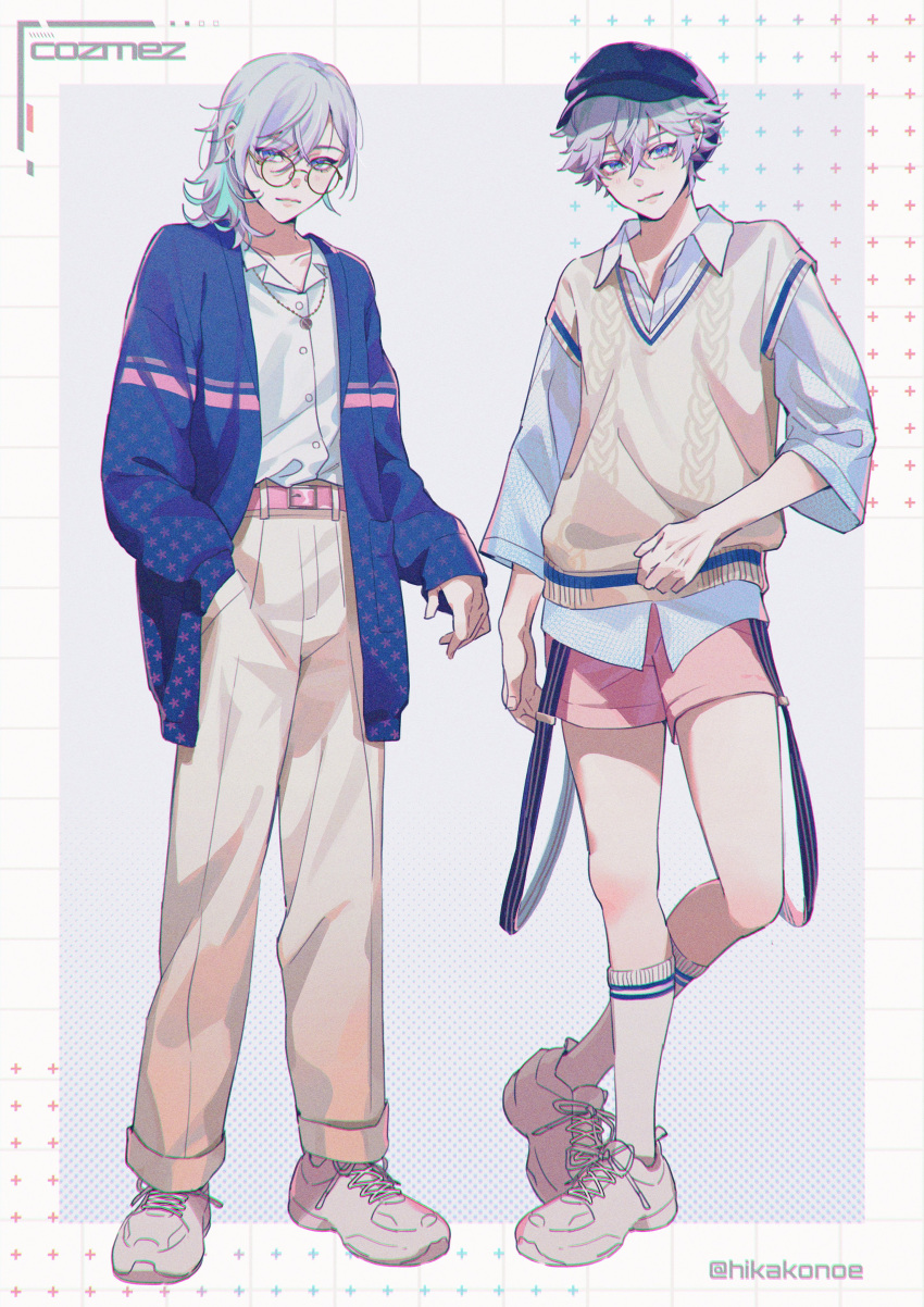 2boys, absurdres, alternate_costume, aqua_hair, belt, blue_jacket, border, brothers, brown_pants, collared_shirt, cozmez_(paradox_live), full_body, glasses, grey_background, highres, hikakonoe, jacket, jewelry, male_focus, multicolored_hair, multiple_boys, necklace, pants, paradox_live, pink_belt, pink_shorts, purple_hair, shirt, shoes, shorts, siblings, sneakers, socks, sweater_vest, twins, twitter_username, violet_eyes, white_border, white_footwear, white_shirt, white_sneakers, white_socks, yatonokami_kanata, yatonokami_nayuta, yellow_sweater_vest