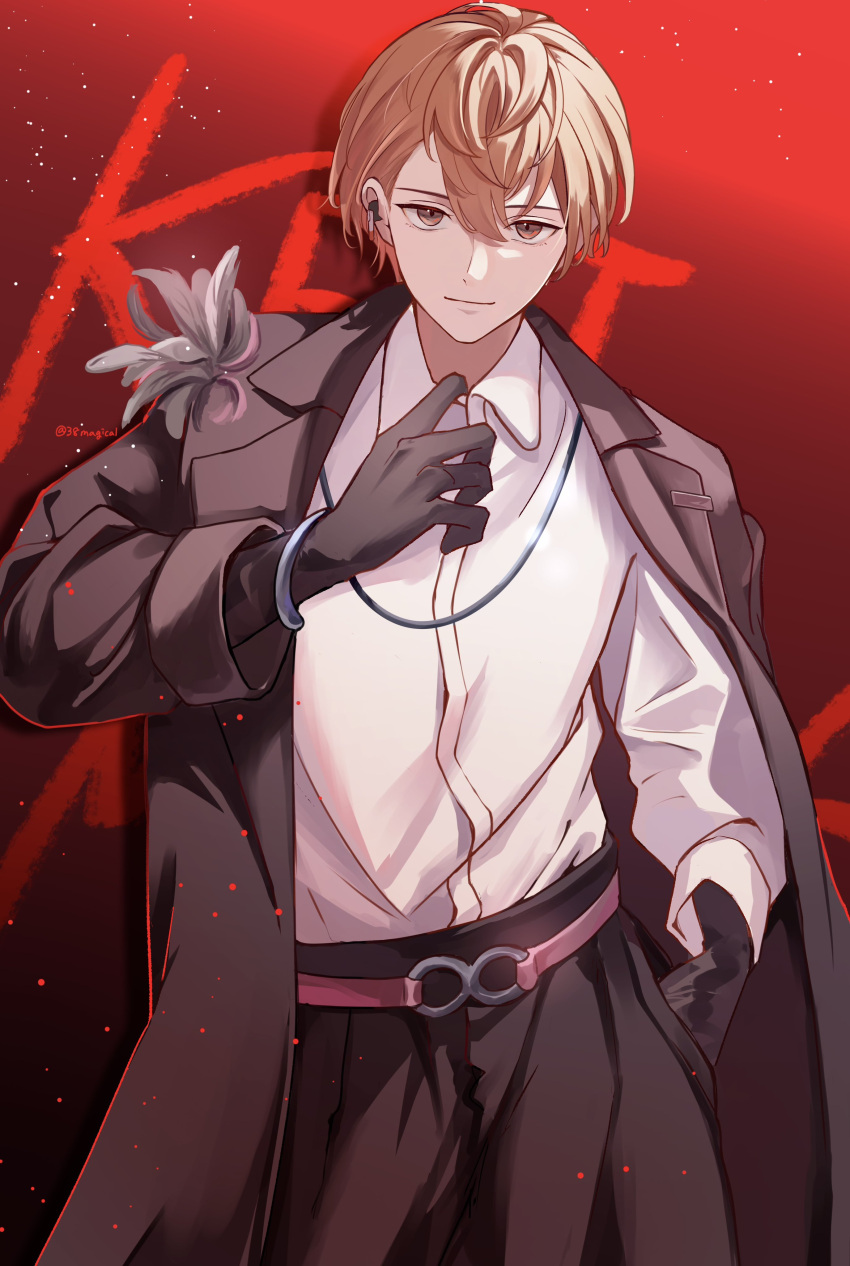 1boy, absurdres, belt, black_background, black_gloves, black_jacket, black_pants, character_name