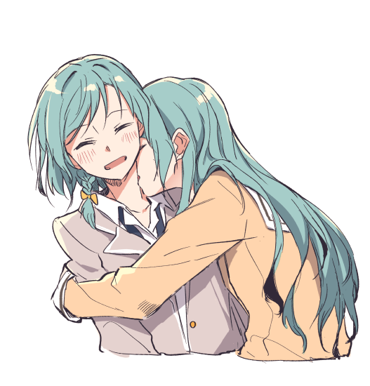 2girls, akni, aqua_hair, bang_dream!, blazer, blush, braid, brown_dress