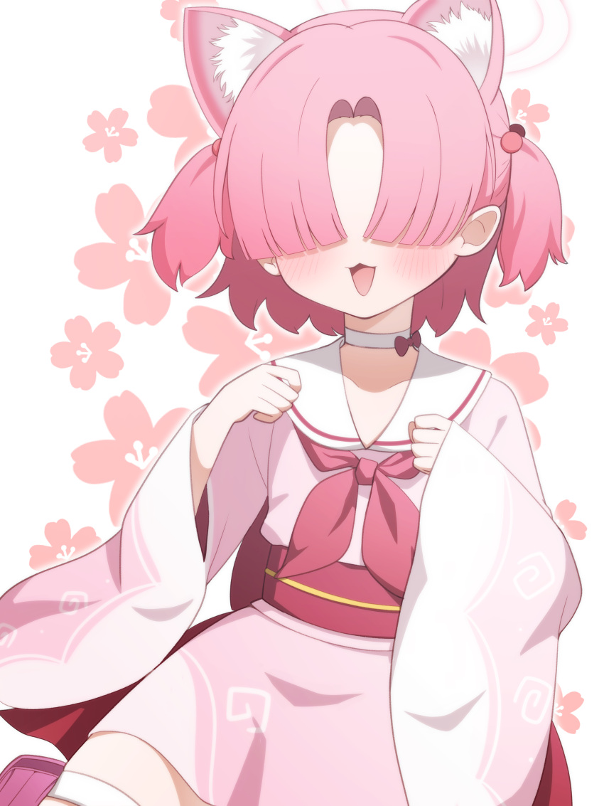 1girl, :3, absurdres, animal_ear_fluff, animal_ears, blue_archive, blush, cherry_blossoms