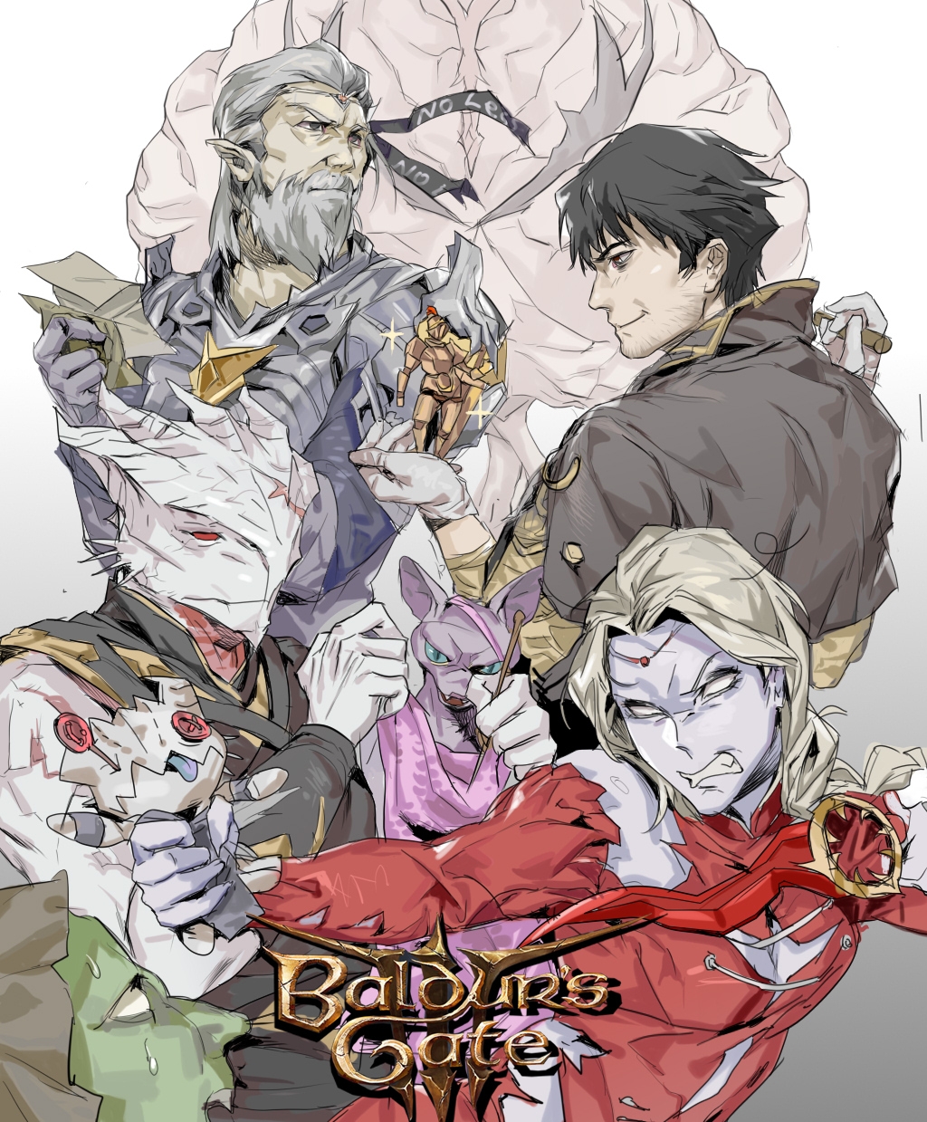 1girl, 3boys, :|, angry, armor, baldur's_gate, baldur's_gate_3, beard