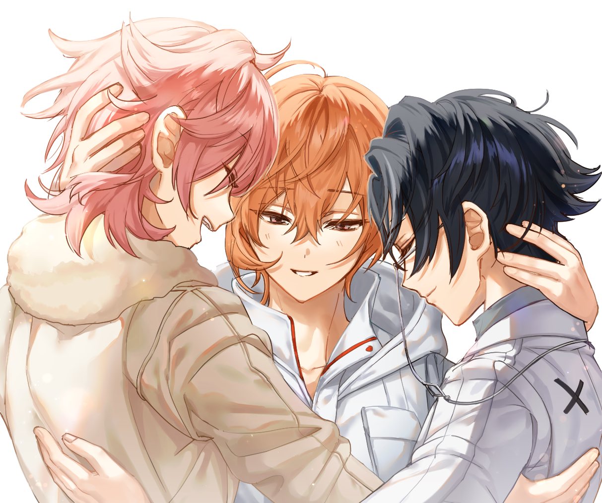 3boys, black_hair, blush, closed_eyes, closed_mouth, glasses, grey_hair, group_hug, hood, hood_down, hug, itsuki_(paradox_live), jacket, long_sleeves, miyama_kei, multicolored_hair, multiple_boys, open_mouth, orange_eyes, orange_hair, paradox_live, pink_hair, rokuta_(paradox_live), shirt, short_hair, smile, teeth, white_background, white_hood, white_jacket, white_shirt, yellow_jacket, ywkvs