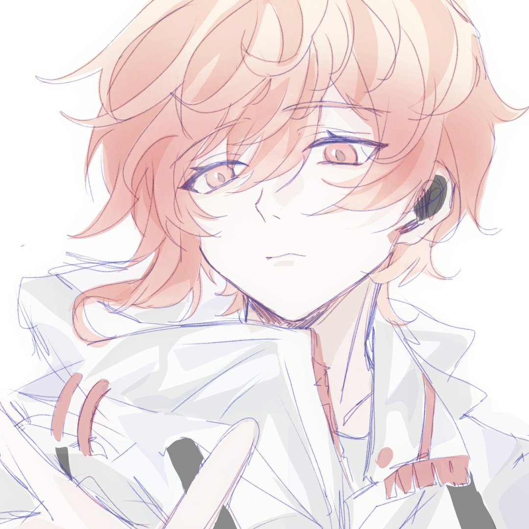 1boy, azhe_kanata, closed_mouth, earphones, expressionless, facing_viewer, hood, hood_down, jacket, looking_to_the_side, male_focus, miyama_kei, paradox_live, pink_eyes, pink_hair, short_hair, sketch, solo, white_background, white_jacket