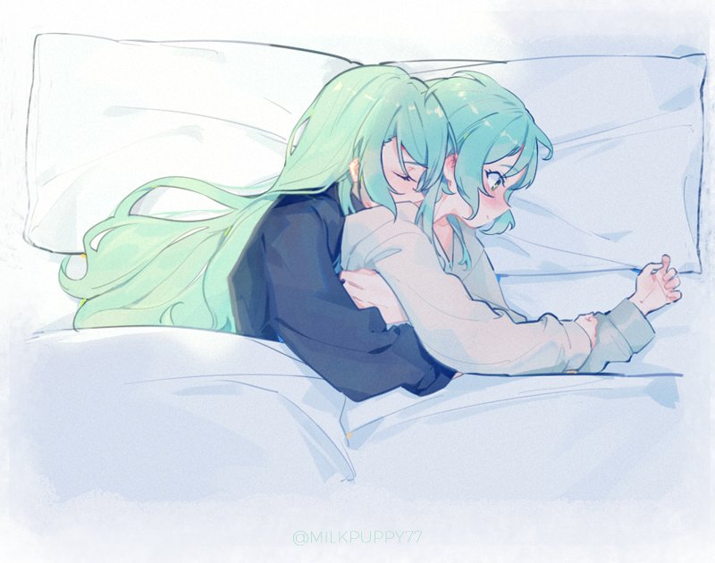 2girls, aqua_hair, bang_dream!, bed_sheet, blue_shirt, closed_eyes, green_eyes, hikawa_hina, hikawa_sayo, hug, incest, long_hair, medium_hair, milk_puppy, multiple_girls, pillow, shirt, siblings, sisters, sleeping, twincest, twins, twitter_username, under_covers, waking_up, watermark, white_shirt, yuri