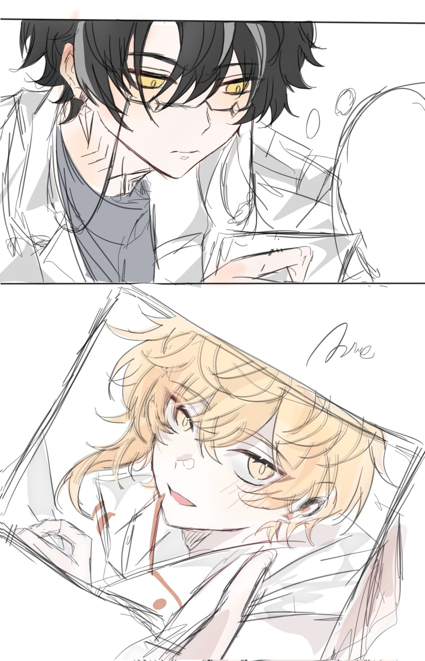 2boys, azhe_kanata, black_hair, blonde_hair, glasses, grey_hair, highres, holding