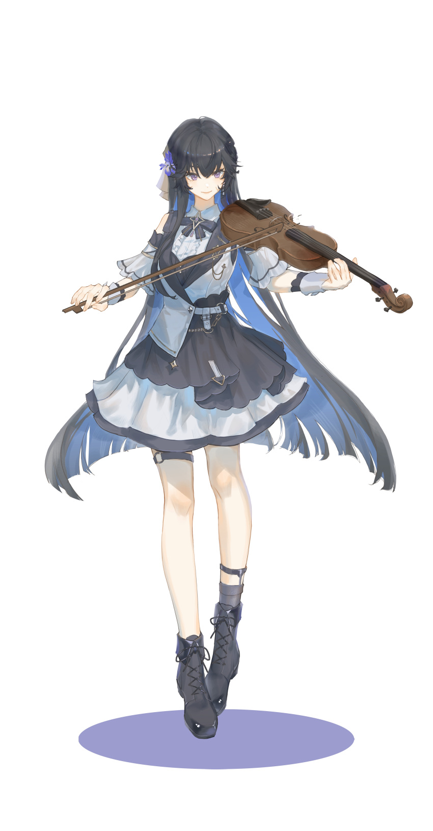 1girl, absurdres, alternate_costume, asymmetrical_footwear, black_dress, black_footwear, black_hair, blue_hair