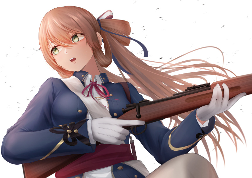 1girl, absurdres, blazer, blue_jacket, bolt_action, breasts, brown_hair, collared_shirt