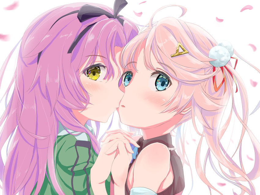 2girls, absurdres, ahoge, aramis_high_school_uniform, bare_shoulders, black_bow, black_bowtie, blue_eyes