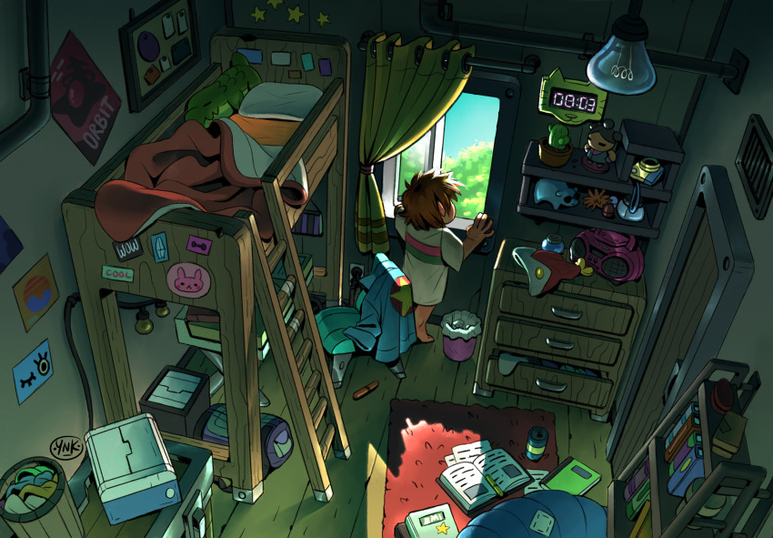 1boy, absurdres, bag, bed, bedroom, book, bookshelf, boombox, brown_hair, bucket, bulletin_board, can, chest_of_drawers, child, clock, commentary, curtains, digital_clock, door, english_commentary, hat, highres, ladder, light_bulb, looking_through_window, male_focus, messy, nicole_kim_(ynkimart), notebook, original, pillow, poster_(object), rug, shelf, shirt, signature, solo, sticker, t-shirt, trash_can, unworn_hat, unworn_headwear, window, wooden_bucket