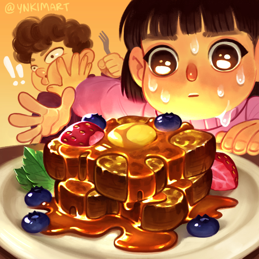 !, !!, 1boy, 1girl, absurdres, blueberry, bread, brown_eyes