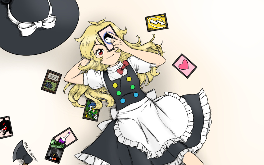 100th_black_market, 1girl, apron, back_bow, black_headwear, black_skirt, black_vest, blonde_hair, bow, buttons, closed_mouth, frilled_apron, frilled_skirt, frills, giantcavemushroom, gradient_background, hat, hat_bow, heart, kirisame_marisa, long_hair, looking_at_viewer, lying, mima_(touhou), on_back, one_eye_covered, puffy_short_sleeves, puffy_sleeves, red_eyes, red_headwear, shirt, short_sleeves, simple_background, skirt, smile, solo, touhou, uno_reverse_card, vest, waist_apron, waist_bow, white_bow, white_shirt, witch_hat, yin_yang, yu-gi-oh!