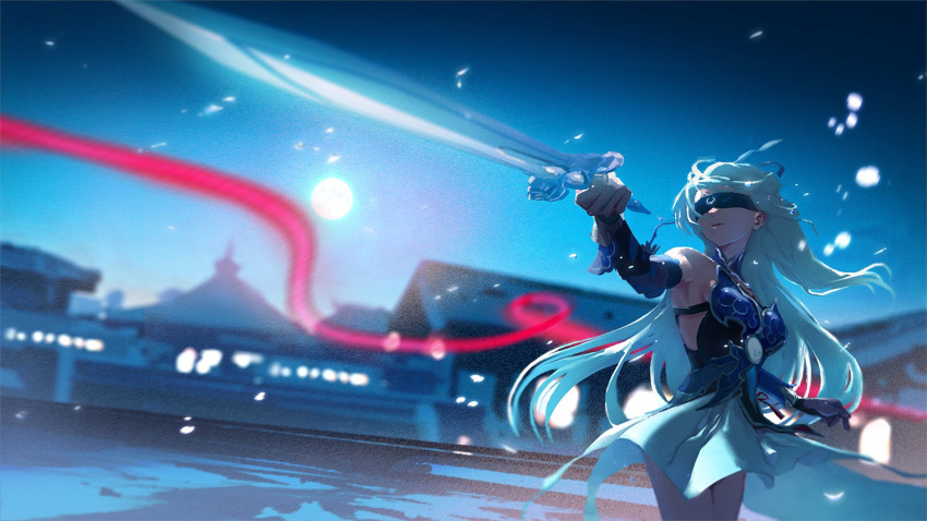 1girl, bare_shoulders, black_blindfold, black_gloves, blindfold, blue_sleeves, blurry, blurry_background, detached_sleeves, full_moon, gloves, high_ponytail, highres, holding, holding_weapon, honkai:_star_rail, honkai_(series), jingliu_(honkai:_star_rail), long_hair, moon, orenji_(orenjikunart), ponytail, sword, weapon, white_hair