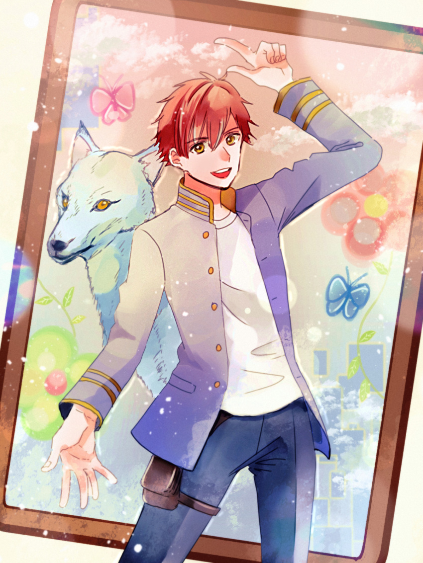1boy, :d, arm_up, highres, long_sleeves, looking_at_viewer, male_focus, opus.colors, painting_(object), pants, redhead, school_uniform, shirt, short_hair, smile, standing, thigh_pouch, thigh_strap, watakko, white_shirt, wolf, yamanashi_kazuya, yellow_eyes