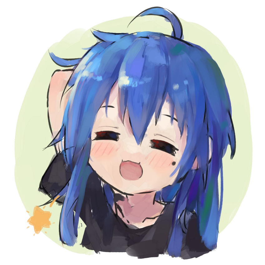 1girl, ap04astral, arm_behind_head, black_shirt, blue_hair, blush, closed_eyes, hair_between_eyes