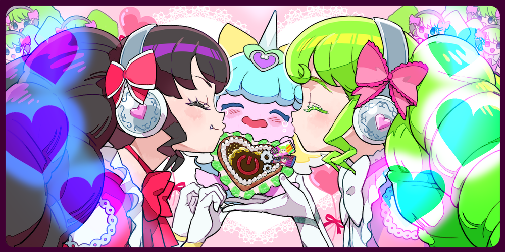 6+girls, black_hair, blush, bow, candy, chocolate, closed_eyes, colored_eyelashes, facing_another, facing_to_the_side, falulu, food, gaaruru_(pripara), gloves, green_hair, hair_bow, hands_up, headphones, heart, heart-shaped_chocolate, idol_clothes, kiss, kissing_cheek, long_hair, mini_falulu, mini_person, minigirl, moudoku_(decopon3rd), multiple_girls, pink_background, pink_bow, power_symbol, pretty_(series), pripara, profile, red_bow, sidelocks, smile, twintails, unicorn, unicorn_(pripara), upper_body, white_gloves