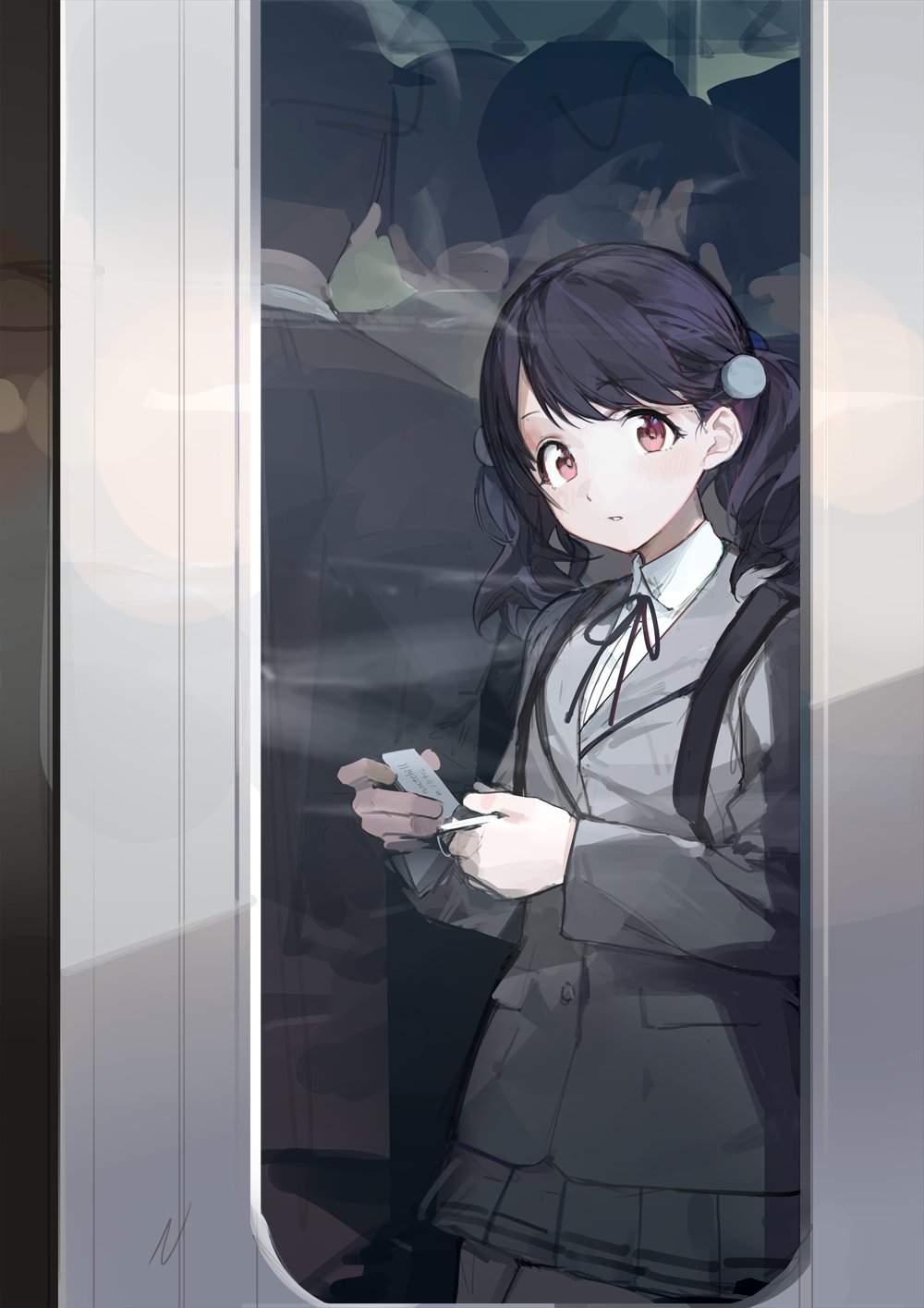 1girl, backpack, bag, black_hair, black_ribbon, blazer, blush, flash_cards
