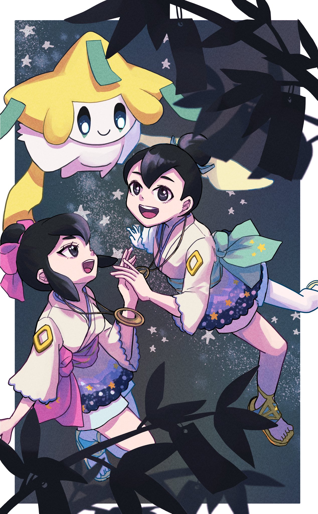 1boy, 1girl, black_eyes, black_hair, bow, bowtie, breasts, brother_and_sister