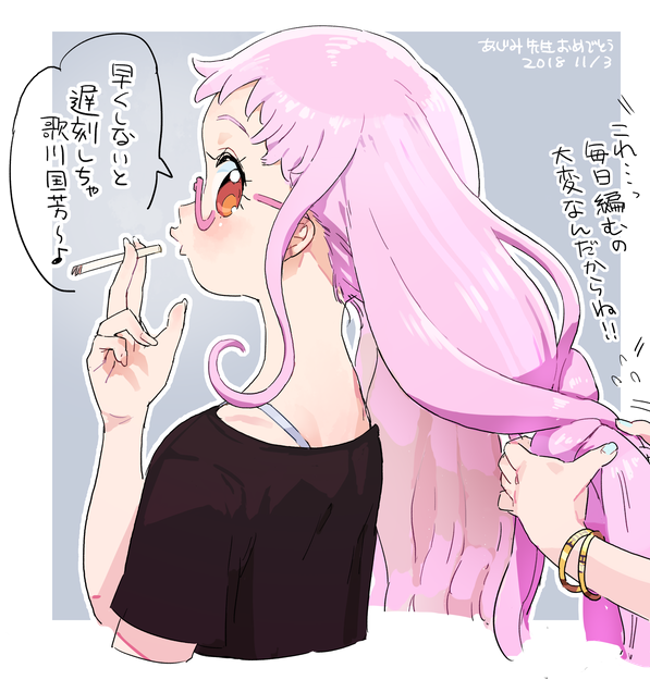 2girls, adjusting_another's_hair, black_shirt, blue_nails, blush, bracelet, braiding_hair, cigarette, commentary_request, hairdressing, hand_up, hojo_cosmo, holding, holding_another's_hair, holding_cigarette, jewelry, kiki_ajimi, long_hair, looking_back, moudoku_(decopon3rd), multiple_girls, nail_polish, out_of_frame, pink_hair, pretty_(series), pripara, profile, shirt, short_sleeves, solo_focus, spaghetti_strap, speech_bubble, t-shirt, translation_request, upper_body