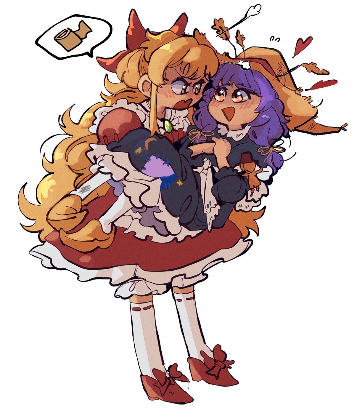 2girls, =3, angry, apron, black_dress, blonde_hair, blush, bow