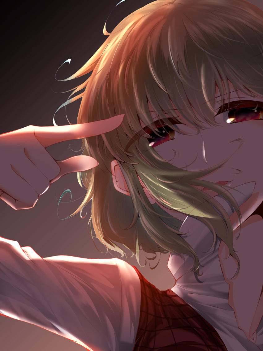 1girl, close-up, collared_shirt, commentary, finger_gun, finger_gun_to_head, green_hair, hair_over_face