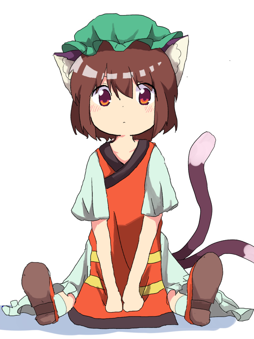 1girl, animal_ear_fluff, animal_ears, brown_eyes, brown_hair, cat_ears, cat_tail, chen