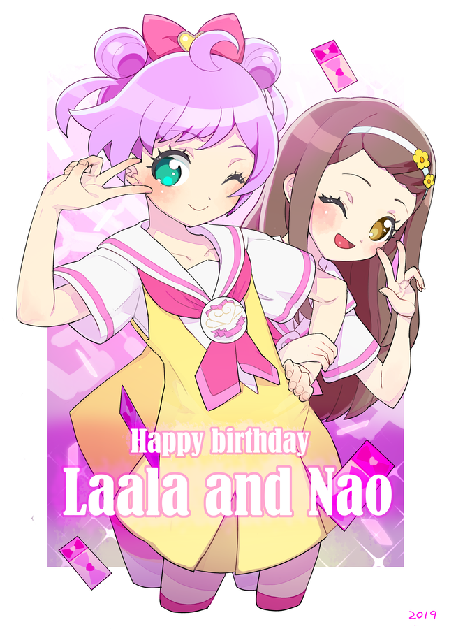 2girls, ;d, ahoge, aqua_eyes, birthday_connection, blush, bow, brown_eyes