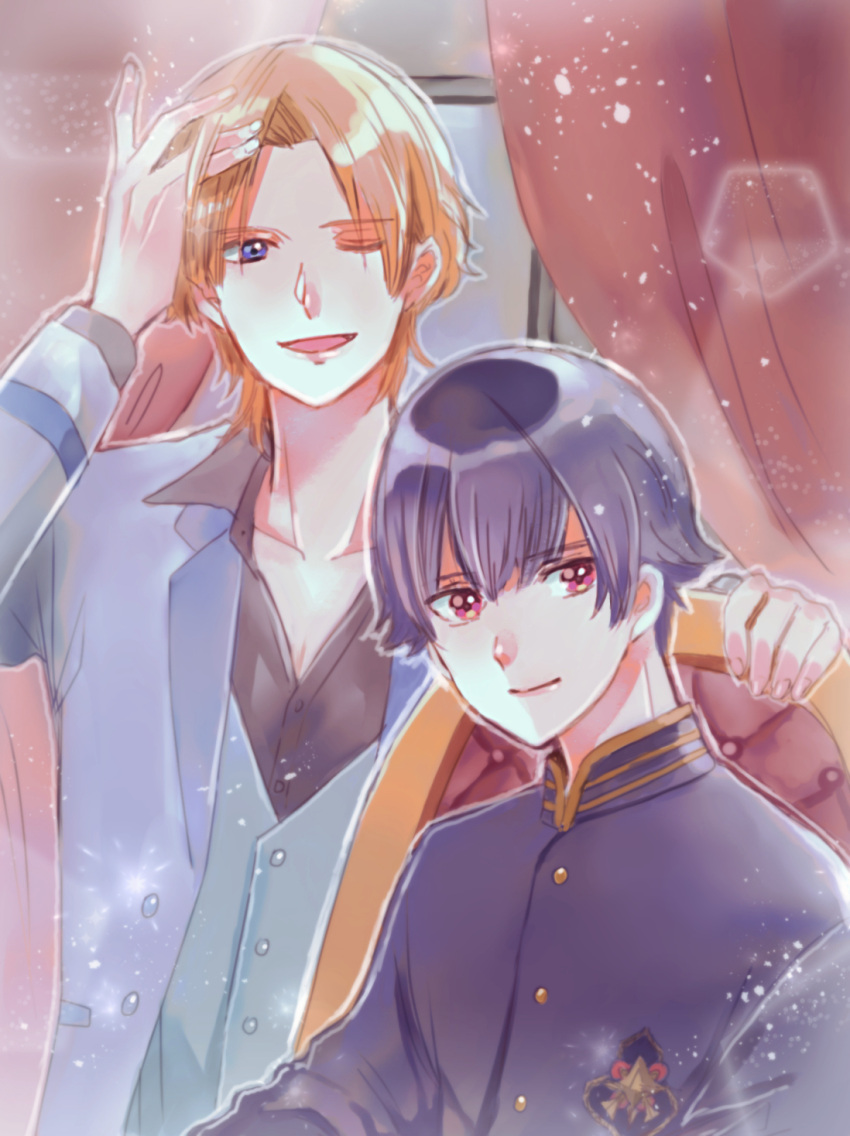 2boys, ;d, black_hair, blonde_hair, blue_eyes, chair, curtains, hand_up