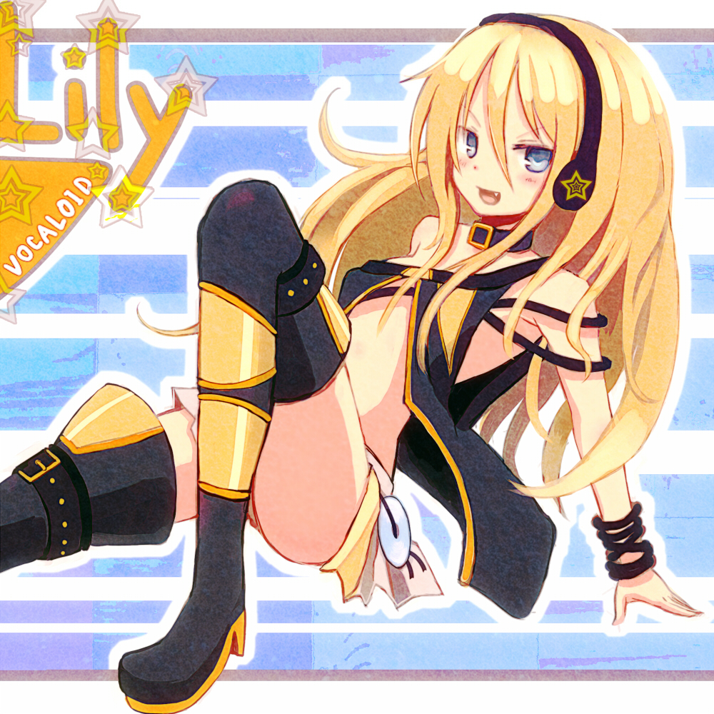 blue_eyes, boots, cable, cd, fang, lily_(vocaloid), long_hair, sin_(artist)