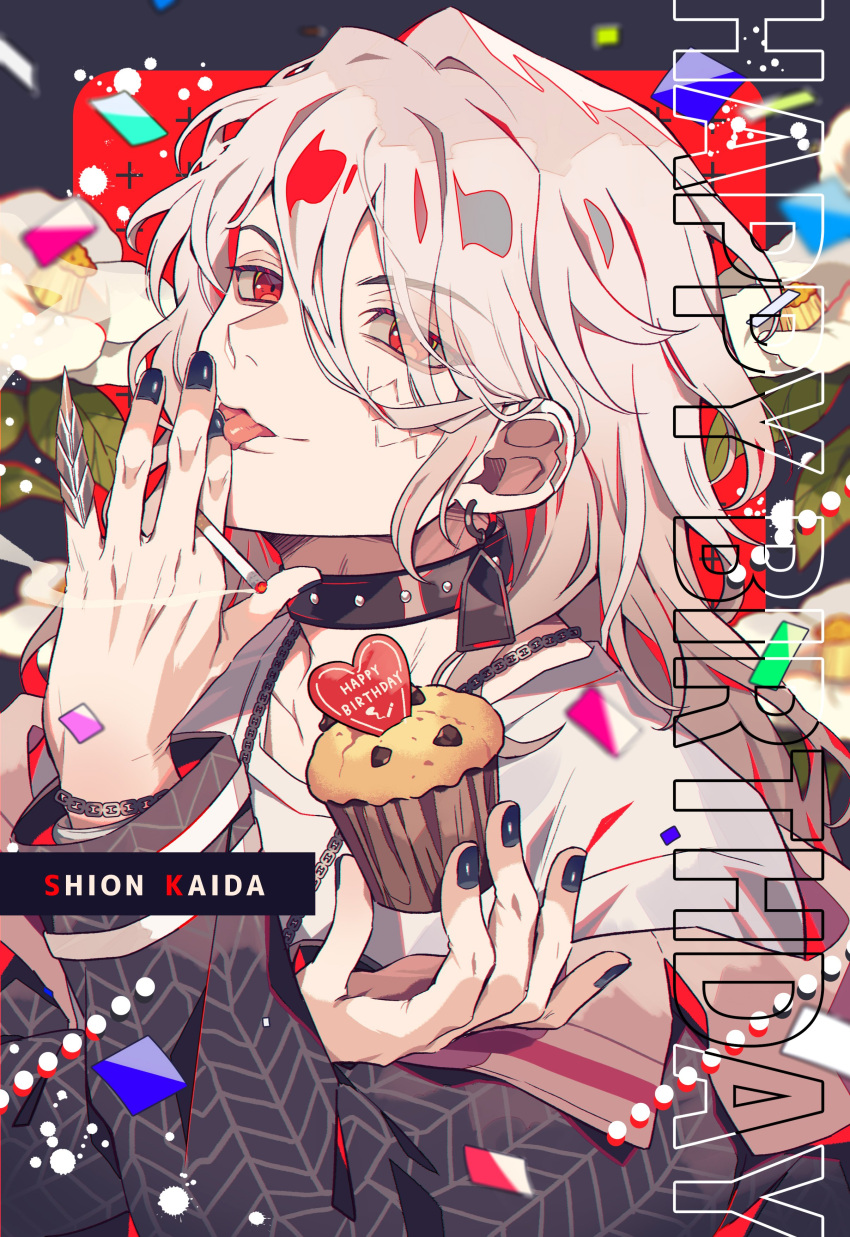 1boy, absurdres, black_jacket, black_nails, border, character_name, cigarette, cupcake, food, gennkai_para, grey_border, happy_birthday, highres, holding, holding_cigarette, holding_food, jacket, jacket_partially_removed, kaida_shion, long_hair, looking_at_viewer, male_focus, paradox_live, phantometal_(paradox_live), pink_hair, red_background, red_eyes, shirt, smoking, solo, tongue, tongue_out, white_shirt