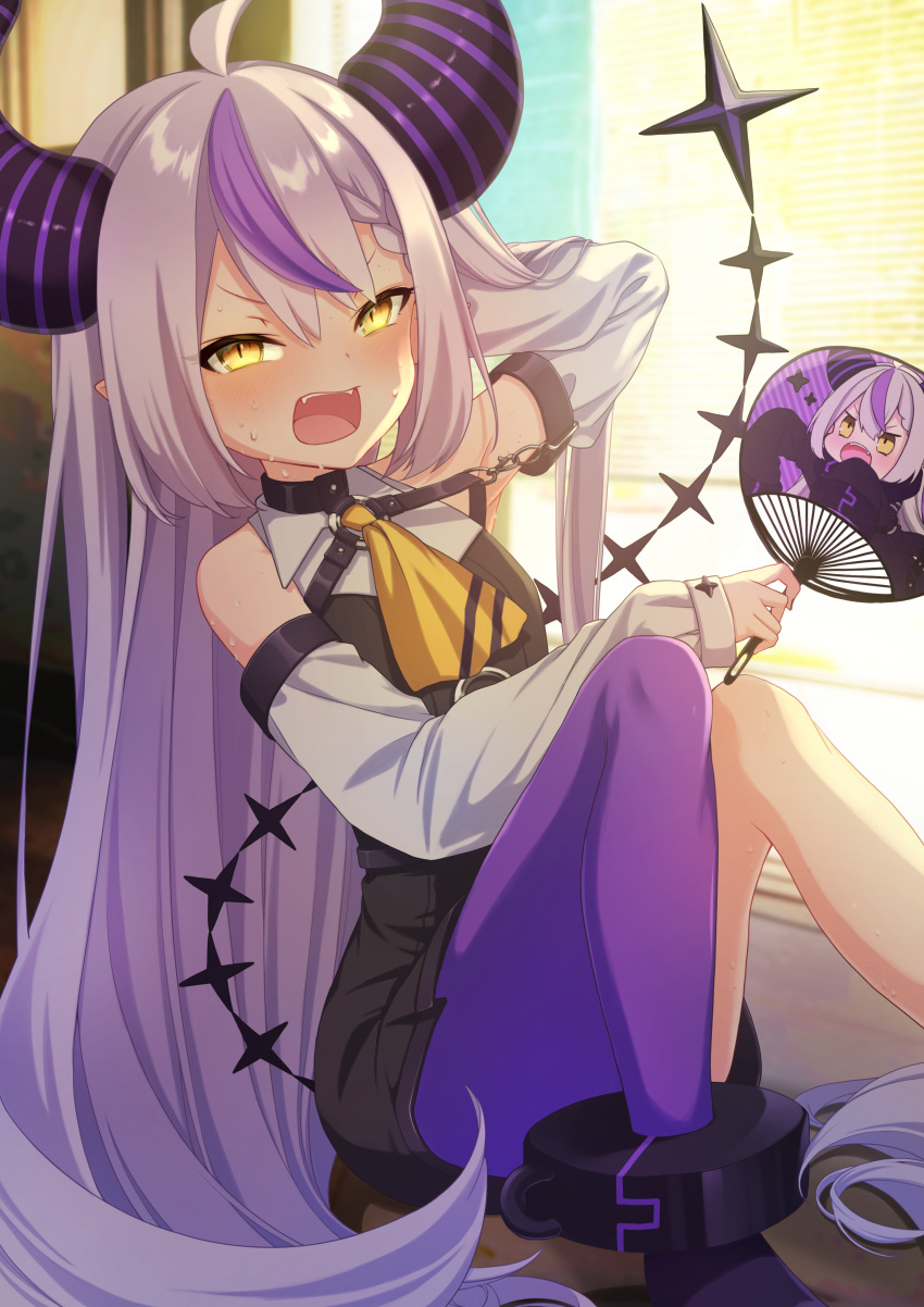 absurdres, ahoge, bare_shoulders, black_horns, braid, braided_bangs, detached_sleeves, grey_hair