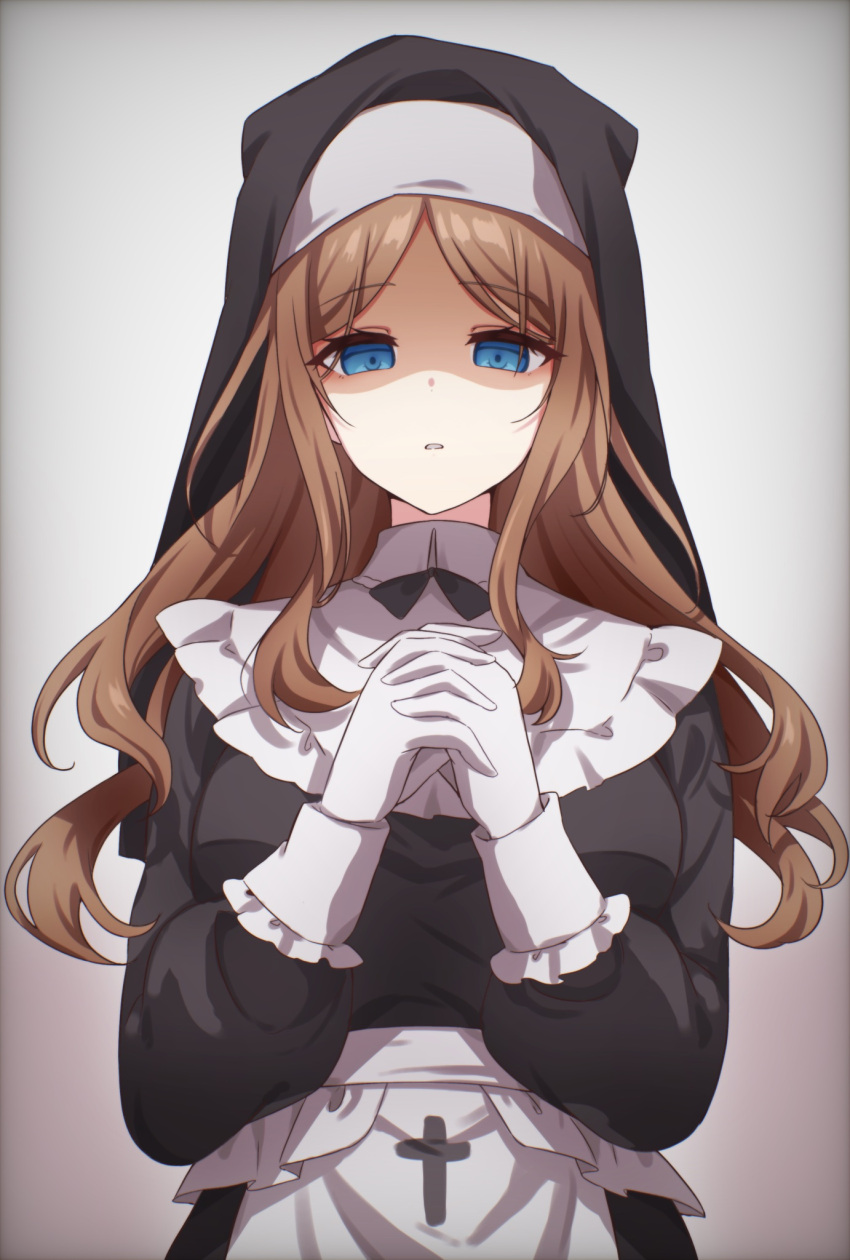 1girl, bang_dream!, bang_dream!_it's_mygo!!!!!, blue_eyes, breasts, brown_hair, gloves, highres, large_breasts, long_hair, long_sleeves, looking_at_viewer, meu203, nagasaki_soyo, nun, open_mouth, sidelocks, solo