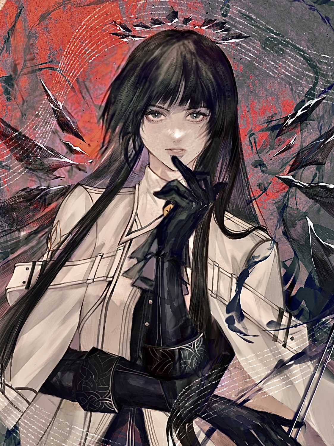 1girl, abstract_background, arknights, ascot, belt, belt_buckle, black_bustier, black_eyes